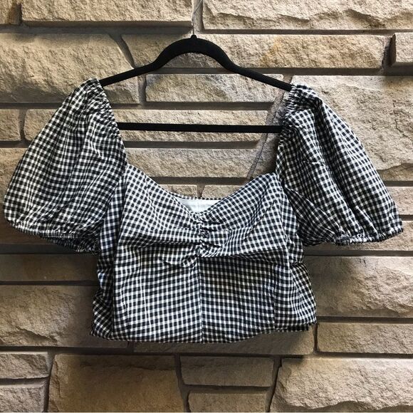 Pink Lily YOU'RE GENUINE CROPPED GINGHAM BLACK white Puff Sleeve Retro XXL - Picture 4 of 13